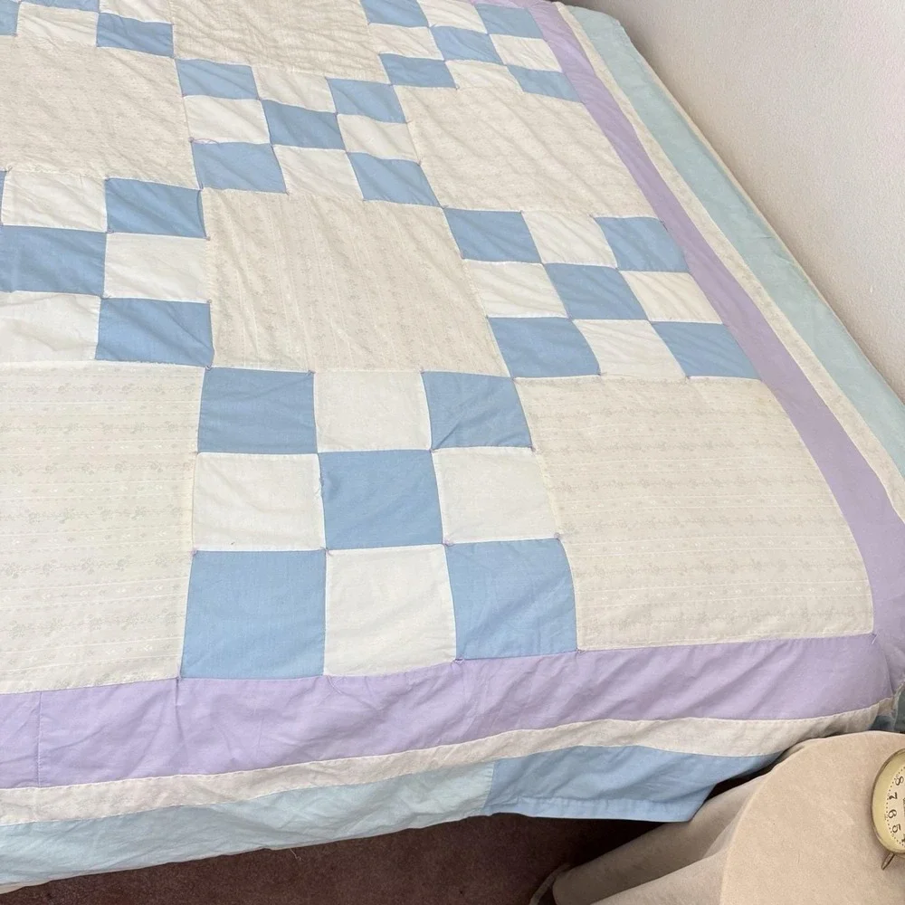 Vintage Patchwork Quilt Irish Chain Nine Patch Full Twin 93x77 Hand Tied Floral